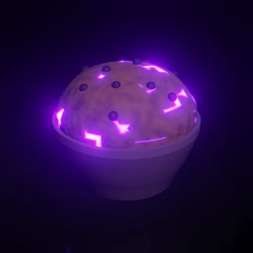 a muffin with purple glowing regions where a 3d vornoi function using chebychev distance exceeds some threshold
